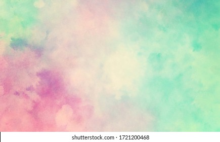 Colorful Watercolor Background Of Abstract Sunset Sky With Puffy Clouds In Bright Painted Colors Of Pink Blue Green And White