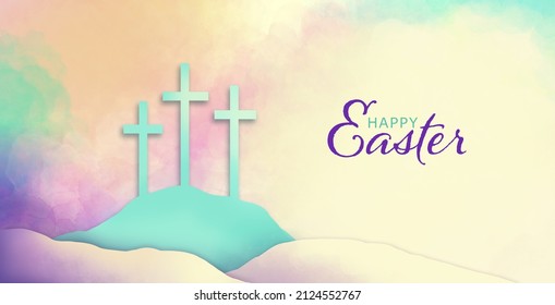 Colorful Watercolor Background Of Abstract Sunset Sky With Puffy Clouds In Bright Pastel Colors Of Blue Green Yellow And Purple Pink On Beige With Typography That Says Happy Easter