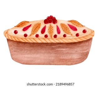 Colorful Watercolor Baked Goods, Autumn Berries Pie. The Element Is Isolated On A White Background, For Decoration, Thanksgiving Holiday Products, Etc.