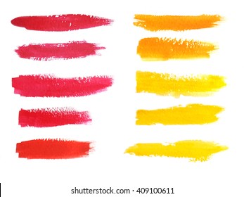 Colorful Watercolor Brush Strokes. Pink, Red, Orange And Yellow Tints. Isolated Spots On White Background.