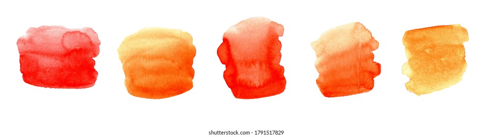 Colorful watercolor brush strokes.set of red, orange and yellow shades. Isolated spots on a white background