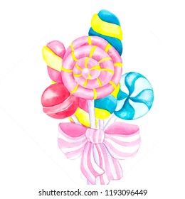 Colorful Watercolor Candy And Lollipop With Bow