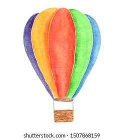 Colorful Watercolor Hot Air Baloon Isolaten On White. Hand Painted Childish Illustration.