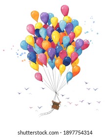 Colorful Watercolor Hot Air Baloon Made Of Many Small  Air Balloons Soaring In The Sky 