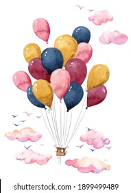 Colorful Watercolor Hot Air Baloon Made Of Many Small  Air Balloons Soaring In The Sky 