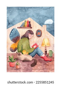Colorful watercolor illustrations girl sitting the floor   reading book  Staying home and pet  Cat laying beside the girl  Young introvert woman 