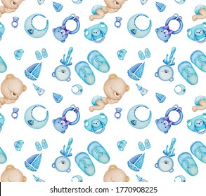 Colorful watercolor isolated pattern teddy baby boy with a nursery stuff on white background. Hand drawn teddy baby boy pattern.