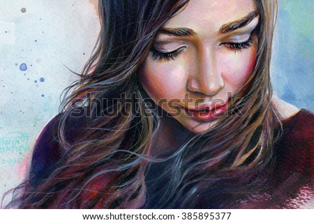 Colorful watercolor painting of a young beautiful girl with long hair looking down sad smiling on the sky background. 