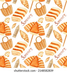 Colorful watercolor pattern with different summer elements. Seamless pattern with seashells, towel, straw bag, lettering, beach umbrella on white background.
