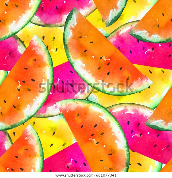 スイカの水彩画 熱帯の果実を黄色 赤 ピンクの半分にしたシームレスなジャングル柄 ラッピング エキゾチックな食品市場広告 熱帯の壁紙 夏のバナー の イラスト素材 681077041