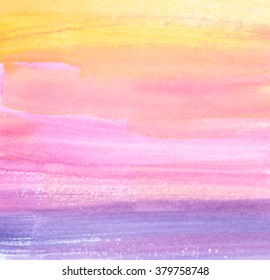 Colorful watercolor violet pink orange yellow striped hand drawn grain paper texture banner. Abstract wet brush paint lines artistic card for greeting, invitation, scrapbook, wallpaper, print, design