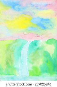 Colorful waterfall painting with gradation for a soft Spring or Early Summer feel. Hand drawn using transparent watercolor paint on paper.