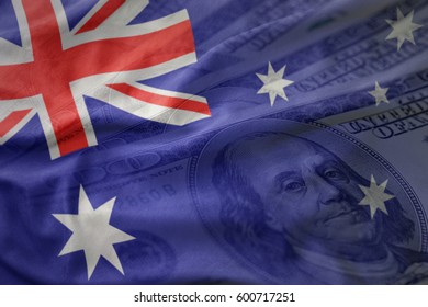 Colorful Waving National Flag Of Australia On A American Dollar Money Background. Finance Concept