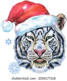 Colorful white tiger in Santa hat. Wild animal watercolor illustration on white background