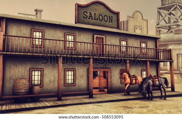 カラフルなワイルド ウェスト酒場と通りの馬 3dイラスト のイラスト素材