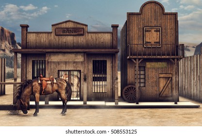 Colorful Wild West Scenery With A Horse In Front Of A Bank. 3D Illustration.