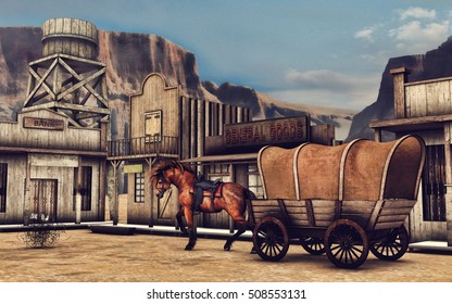 Colorful Wild West Town With A Cart And A Horse. 3D Illustration.