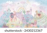 Colorful Wildlife kids room wallpaper mural, rainbow, cactus, clouds, nursery wallpaper mural, kids room