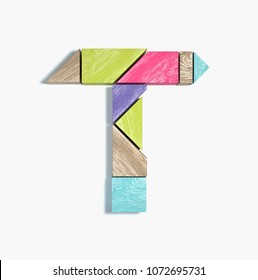 Colorful Wooden Block Puzzles Font. Jigsaw pieces Typography. Letter T. 3d rendering isolated on white background. 