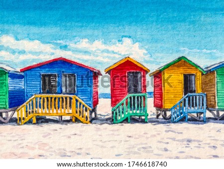 Colorful wooden houses. Dressing rooms on a white sand beach. Summer vacation. Watercolor painting.