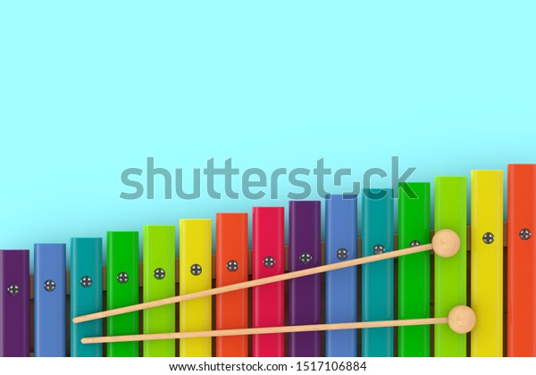 Colorful Wooden Xylophone with Mallets on a\
blue background. 3d\
Rendering