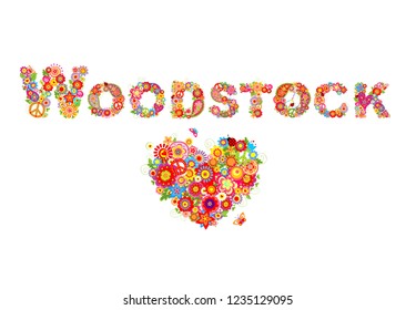 Colorful Woodstock Flowers Lettering And Heart Shape With Flower Power For T Shirt Print, Party Poster And Other Design