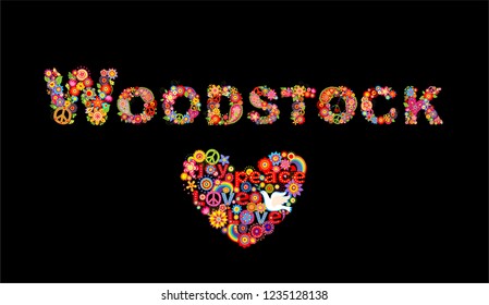 Colorful Woodstock flowers lettering and hippie heart shape with flower power, rainbow and paper dove for t shirt print, party poster and other design on black background