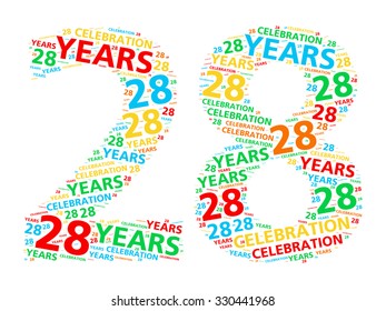 Colorful word cloud for celebrating a 28 year birthday or anniversary - Powered by Shutterstock