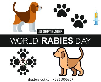 A colorful World Rabies Day greeting features two playful cartoon dogs and symbols like paw prints, a syringe, and a first aid kit, highlighting the importance of vaccinating pets to prevent rabies. - Powered by Shutterstock