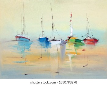 Colorful Yachts Sailing In The Open Sea,oil Painting On Canvas.