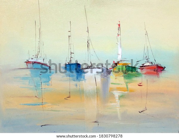 Colorful yachts sailing in the open sea, oil painting on canvas. Calm living room wallpaper mural. 