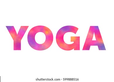 Colorful Yoga word with a bright rainbow texture on white background. Logo for print and web.