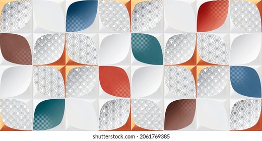Colorfull wall art mixed digital tiles design for interior home decor or ceramic 3d tiles design.