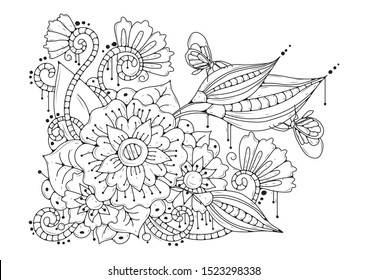 Flowers Cat Coloring Page Antistress Vector Stock Vector (Royalty Free ...