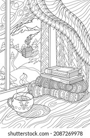 Coloring book for adults   children hygga  Cozy corner and cup hot tea  books by the window and view the snow  capped mountains