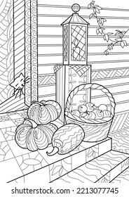 Coloring book for adults   children hygga  Autumn still life in zentangle technique  Pumpkins  basket apples  cat   lantern the porch the house 
