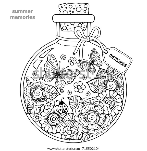 大人向けの塗り絵 夏の思い出の入ったガラス容器 ハチ 蝶 ラディブ 葉の入った瓶 ラスターコピー のイラスト素材