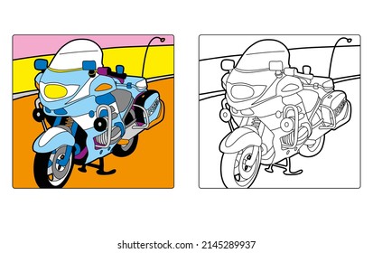 Coloring Book for childrean - Cars  and motorcycles. Colour the illustration. Police motorcycle.