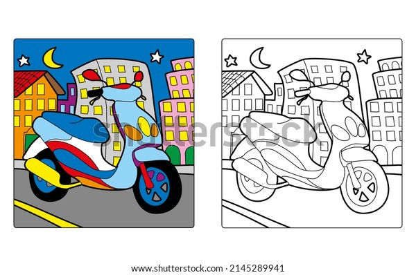 Coloring Book for childrean\
- Cars  and motorcycles. Colour the illustration. Scooter,\
moped.