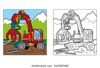 Coloring Book For Childrean - Tractors, Truck, Vehicles, Scraper, Backhoe, Bucket, Caterpillar, Bulldozer. Colour The Illustration.