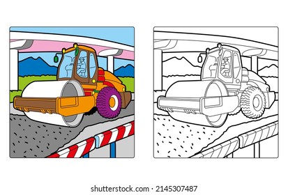 Coloring Book For Childrean - Tractors, Truck, Vehicles, Scraper, Backhoe, Bucket, Caterpillar, Bulldozer. Colour The Illustration.