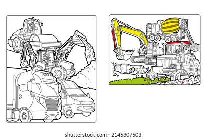 Coloring Book For Childrean - Tractors, Truck, Vehicles, Scraper, Backhoe, Bucket, Caterpillar, Bulldozer. Colour The Illustration.