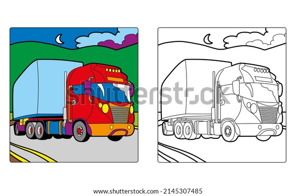 Coloring Book for childrean - Tractors,\
truck, vehicles, scraper, backhoe, bucket, caterpillar, bulldozer.\
Colour the\
illustration.