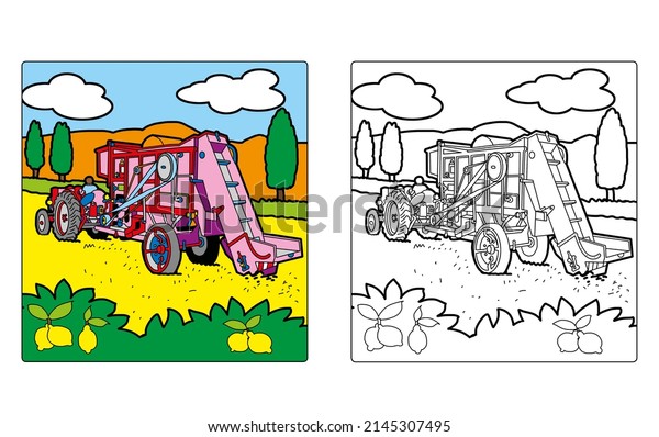 Coloring Book for childrean - Tractors,\
truck, vehicles, scraper, backhoe, bucket, caterpillar, bulldozer.\
Colour the\
illustration.