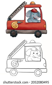 Coloring Book For Children With Examples Isolated On White Background. Hand Painted Cute Cartoon Coloring Page For Kids. Joyful Nice Colorful Fire Truck. Fire Engine With Cute Elephant Fireman Driver.