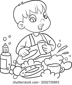 Coloring Book For Kids - Baby Boy Helping Mother Cleaning Dishes