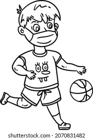 Coloring Book For Kids. Little Boy Playing Basketball And Wearing A Mask