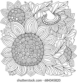 Coloring Book Page Sunflowers Leaf Zentangle Stock Illustration ...