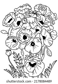 Coloring Book, White Background, Black Lines. Bouquet Of Flowers, Poppies.