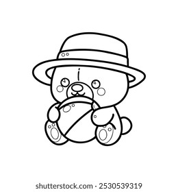 coloring page of a cute bear holding a beach ball while wearing a hat - Powered by Shutterstock